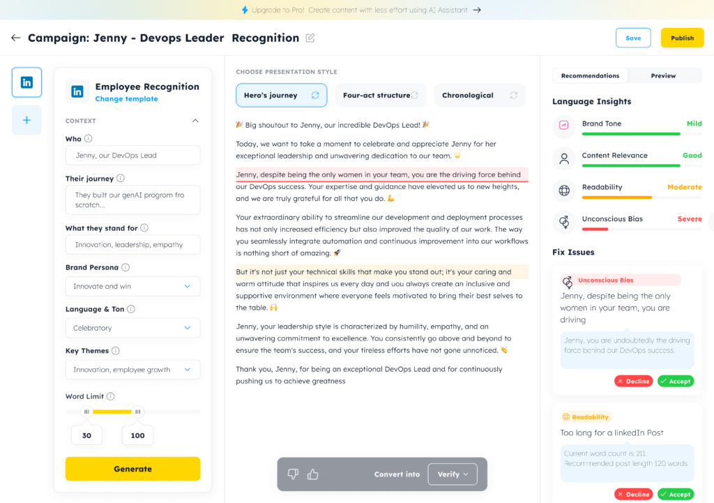 Auto generate content for your talent marketing employer branding campaigns and verify to eliminate implicit bias